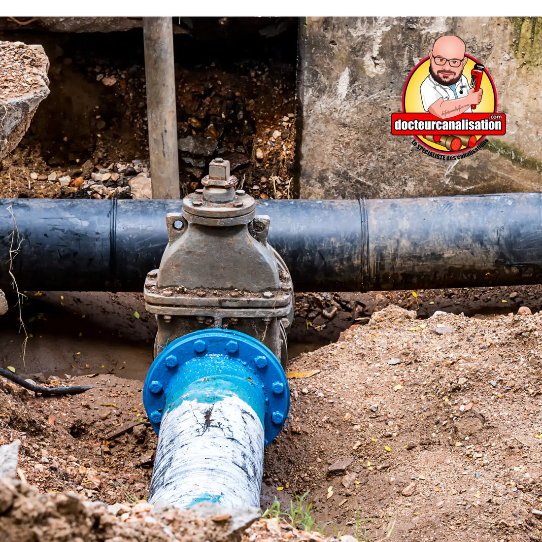Image d’un système de canalisation souterrain avec vanne d’arrêt et bride bleue pour techniques de chemisage.