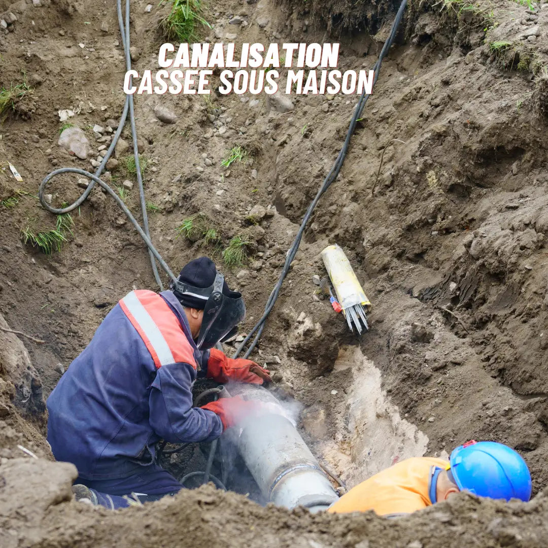 Deux ouvriers effectuant une réparation ponctuelle d’un réseau d’évacuation avec résine polymère.