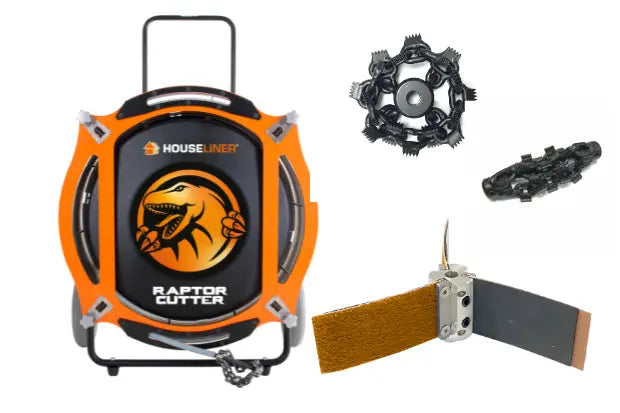 Machine orange et noire pour nettoyage de canalisations avec outils interchangeables, idéal pour chemisage réduit