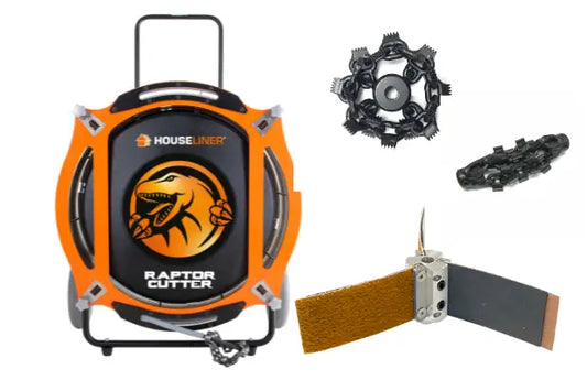 Machine orange et noire pour nettoyage de canalisations avec outils interchangeables, idéal pour chemisage réduit