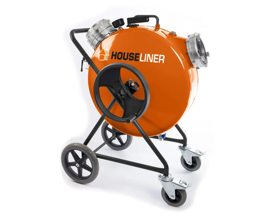 Image d’un tambour d’inversion orange pour chemisage de canalisation avec roue et connexions.