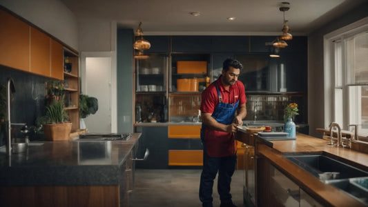 Homme en chemise rouge et tablier bleu cuisinant dans une cuisine moderne, solution innovante pour canalisations endommagées