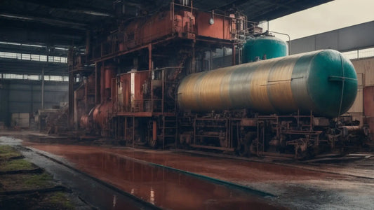 Machinerie industrielle avec grands réservoirs et pipelines pour traitement ou stockage.