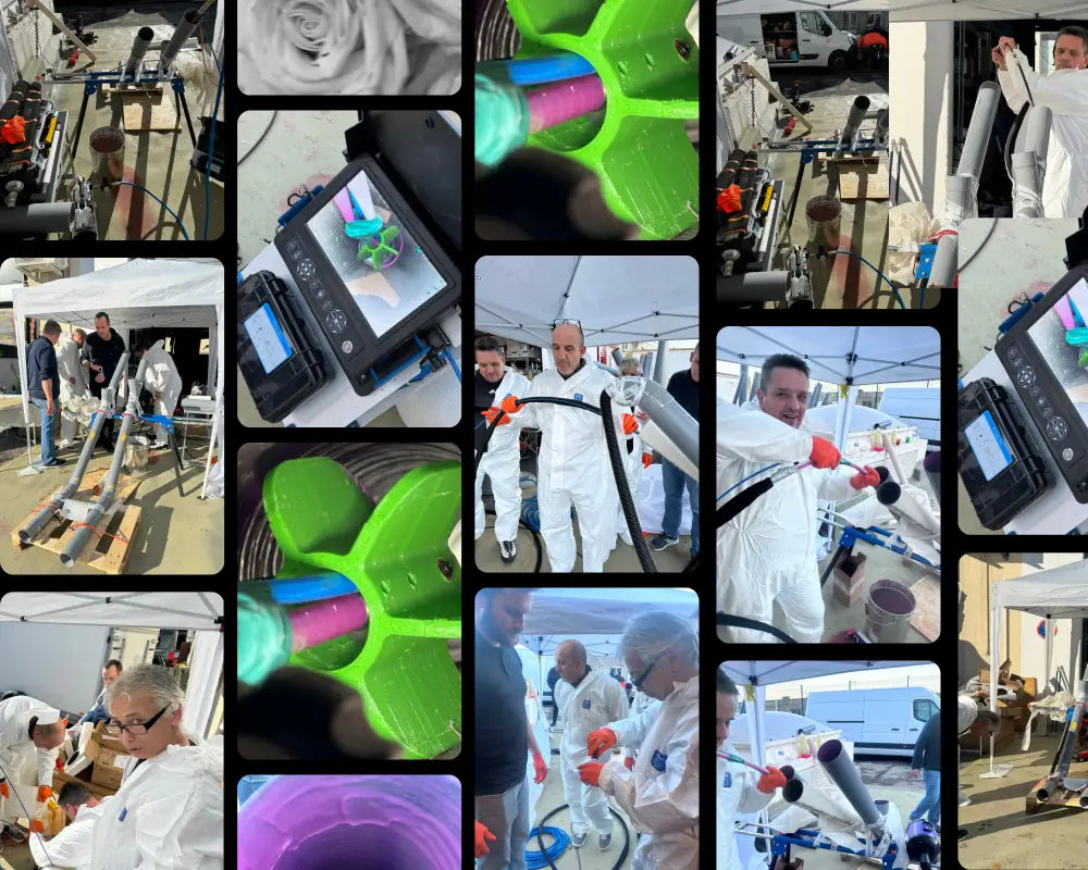 Collage d’images illustrant la réparation et l’inspection de conduits avec Machine Spray Chemisage SIPP, idéal verticale et unique