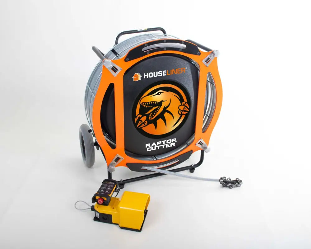 Machine de nettoyage à sec orange et noire avec logo Raptor pour destruction ouverture